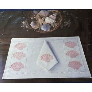 Vintage 1980's Seashell‎ Placemats Napkins Candlewicking Embroidery Kit STARTED